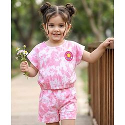 Babyhug Single Jersey Knit Tie & Dye Top & Shorts Set with Path Detailing - Pink