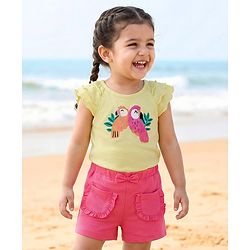 Babyhug Single Jersey Knit Frill Sleeves Top & Shorts Set with Bird Embroidery - Yellow & Pink
