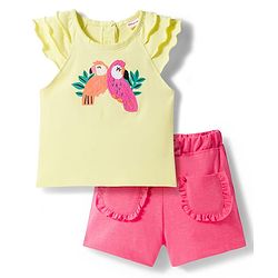 Babyhug Single Jersey Knit Frill Sleeves Top & Shorts Set with Bird Embroidery - Yellow & Pink