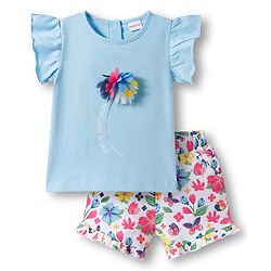 Babyhug Single Jersey Knit Frill Sleeves Floral Printed Top & Shorts Set with Applique - Light Blue