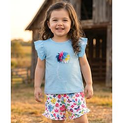 Babyhug Single Jersey Knit Frill Sleeves Floral Printed Top & Shorts Set with Applique - Light Blue