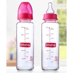 Babyhug SlimSip Glass Feeding Bottle Set  | Narrow Neck | Heat-Resistant Borosilicate Glass | Anti-Colic Nipple Pack of 2 Pink - 250 ml Each