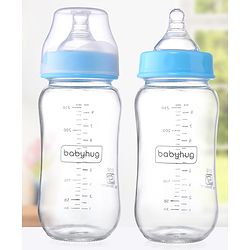 Babyhug GentleFlow Wide Neck Feeding Bottles Set of 2 - 240ml Each Blue|Heat-Resistant Borosilicate Glass| Anti-Colic Silicone Nipple|Leak-Proof|Microwave and Sterilizer Safe| BPA Free|Measuring Scale