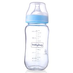 Babyhug GentleFlow Wide Neck Feeding Bottles Set of 2 - 240ml Each Blue|Heat-Resistant Borosilicate Glass| Anti-Colic Silicone Nipple|Leak-Proof|Microwave and Sterilizer Safe| BPA Free|Measuring Scale