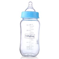 Babyhug GentleFlow Wide Neck Feeding Bottles Set of 2 - 240ml Each Blue|Heat-Resistant Borosilicate Glass| Anti-Colic Silicone Nipple|Leak-Proof|Microwave and Sterilizer Safe| BPA Free|Measuring Scale