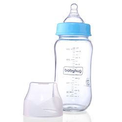 Babyhug GentleFlow Wide Neck Feeding Bottles Set of 2 - 240ml Each Blue|Heat-Resistant Borosilicate Glass| Anti-Colic Silicone Nipple|Leak-Proof|Microwave and Sterilizer Safe| BPA Free|Measuring Scale