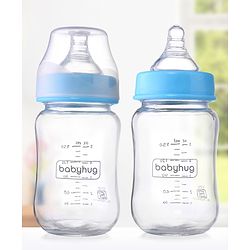Babyhug GentleFlow Wide Neck Feeding Bottles Set of 2 - 120ml Each Blue|Heat-Resistant Borosilicate Glass| Anti-Colic Silicone Nipple|Leak-Proof|Microwave and Sterilizer Safe| BPA Free|Measuring Scale