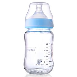 Babyhug GentleFlow Wide Neck Feeding Bottles Set of 2 - 120ml Each Blue|Heat-Resistant Borosilicate Glass| Anti-Colic Silicone Nipple|Leak-Proof|Microwave and Sterilizer Safe| BPA Free|Measuring Scale
