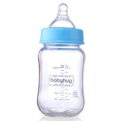 Babyhug GentleFlow Wide Neck Feeding Bottles Set of 2 - 120ml Each Blue|Heat-Resistant Borosilicate Glass| Anti-Colic Silicone Nipple|Leak-Proof|Microwave and Sterilizer Safe| BPA Free|Measuring Scale