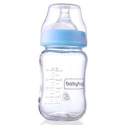 Babyhug GentleFlow Wide Neck Feeding Bottles Set of 2 - 120ml Each Blue|Heat-Resistant Borosilicate Glass| Anti-Colic Silicone Nipple|Leak-Proof|Microwave and Sterilizer Safe| BPA Free|Measuring Scale