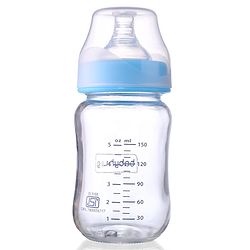 Babyhug GentleFlow Wide Neck Feeding Bottles Set of 2 - 120ml Each Blue|Heat-Resistant Borosilicate Glass| Anti-Colic Silicone Nipple|Leak-Proof|Microwave and Sterilizer Safe| BPA Free|Measuring Scale