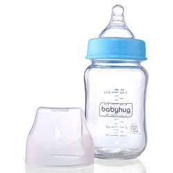 Babyhug GentleFlow Wide Neck Feeding Bottles Set of 2 - 120ml Each Blue|Heat-Resistant Borosilicate Glass| Anti-Colic Silicone Nipple|Leak-Proof|Microwave and Sterilizer Safe| BPA Free|Measuring Scale