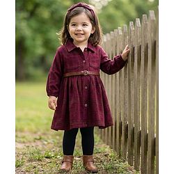 Babyhug Cotton Knit Full Sleeves Checks Frock With Leggings & Belt - Wine