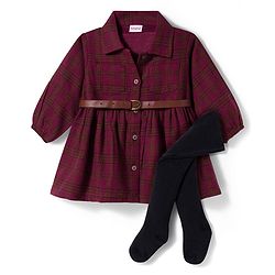 Babyhug Cotton Knit Full Sleeves Checks Frock With Leggings & Belt - Wine