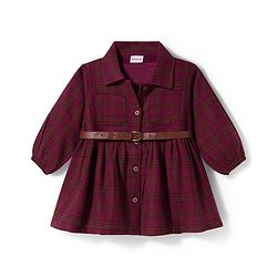 Babyhug Cotton Knit Full Sleeves Checks Frock With Leggings & Belt - Wine