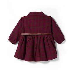 Babyhug Cotton Knit Full Sleeves Checks Frock With Leggings & Belt - Wine