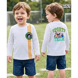 Babyhug Disney Single Jersey Knit Full Sleeves T-Shirt with Front & Back Mickey & Friends Graphic Badge Detailing - White