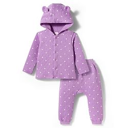 Babyhug Knit Full Sleeves Co-ords Hooded Top & Lounge Pant Set with Heart Print - Purple