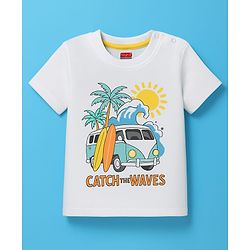 Babyhug 100% Cotton Knit Half Sleeves T-Shirt with Beach Theme Print - White