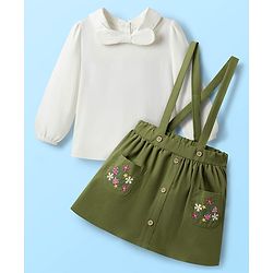 Babyhug Single Jersey Knit Full Sleeves Top & Skirt Set with Bow Applique & Floral Embroidery - White & Olive Green