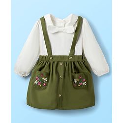 Babyhug Single Jersey Knit Full Sleeves Top & Skirt Set with Bow Applique & Floral Embroidery - White & Olive Green