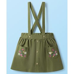 Babyhug Single Jersey Knit Full Sleeves Top & Skirt Set with Bow Applique & Floral Embroidery - White & Olive Green