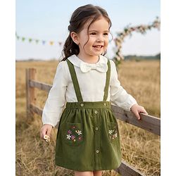 Babyhug Single Jersey Knit Full Sleeves Top & Skirt Set with Bow Applique & Floral Embroidery - White & Olive Green