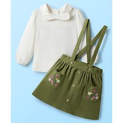 Babyhug Single Jersey Knit Full Sleeves Top & Skirt Set with Bow Applique & Floral Embroidery - White & Olive Green