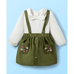 Babyhug Single Jersey Knit Full Sleeves Top & Skirt Set with Bow Applique & Floral Embroidery - White & Olive Green