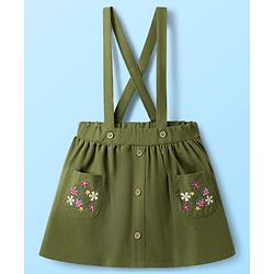 Babyhug Single Jersey Knit Full Sleeves Top & Skirt Set with Bow Applique & Floral Embroidery - White & Olive Green