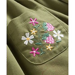 Babyhug Single Jersey Knit Full Sleeves Top & Skirt Set with Bow Applique & Floral Embroidery - White & Olive Green