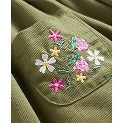 Babyhug Single Jersey Knit Full Sleeves Top & Skirt Set with Bow Applique & Floral Embroidery - White & Olive Green