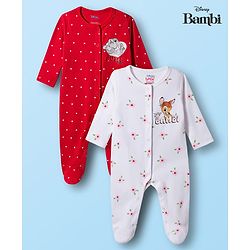 Babyhug Disney Interlock Knit Full Sleeves Footed Sleep Suits With Bambi & Friends Print Pack of 2 - Red & White