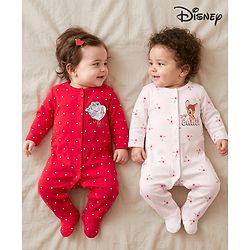 Babyhug Disney Interlock Knit Full Sleeves Footed Sleep Suits With Bambi & Friends Print Pack of 2 - Red & White