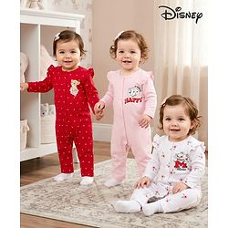 Babyhug Disney Interlock Knit Full Sleeves Front Open Rompers with Frills Detailing & Disney Characters Graphics Pack of 3 - Red White & Pink