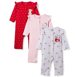 Babyhug Disney Interlock Knit Full Sleeves Front Open Rompers with Frills Detailing & Disney Characters Graphics Pack of 3 - Red White & Pink