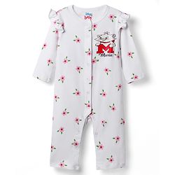 Babyhug Disney Interlock Knit Full Sleeves Front Open Rompers with Frills Detailing & Disney Characters Graphics Pack of 3 - Red White & Pink