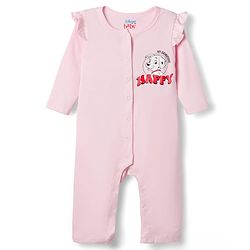 Babyhug Disney Interlock Knit Full Sleeves Front Open Rompers with Frills Detailing & Disney Characters Graphics Pack of 3 - Red White & Pink