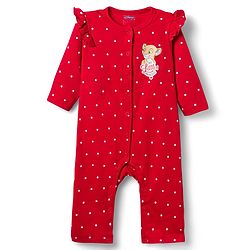 Babyhug Disney Interlock Knit Full Sleeves Front Open Rompers with Frills Detailing & Disney Characters Graphics Pack of 3 - Red White & Pink