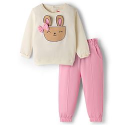 Babyhug Interlock Knit Full Sleeves Top & Lounge Pant Set with Bunny Print & Applique - Pink & Off White