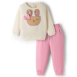 Babyhug Interlock Knit Full Sleeves Top & Lounge Pant Set with Bunny Print & Applique - Pink & Off White