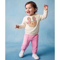 Babyhug Interlock Knit Full Sleeves Top & Lounge Pant Set with Bunny Print & Applique - Pink & Off White
