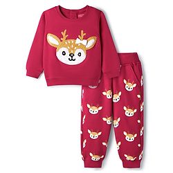 Babyhug Interlock Knit Full Sleeves Top & Lounge Pant Set with Deer Print & Bow Applique - Maroon