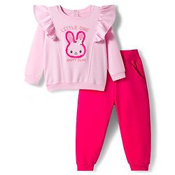 Babyhug Interlock Knit Full Sleeves Top & Lounge Pant Set with Bunny Print - Pink