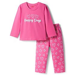 Babyhug Cotton Knit Full Sleeves Night Suit With Heart Print - Pink