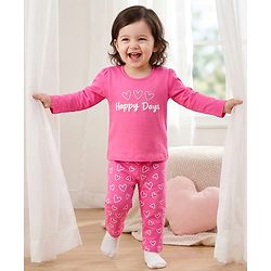 Babyhug Cotton Knit Full Sleeves Night Suit With Heart Print - Pink