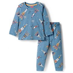 Babyhug Cotton Knit Full Sleeves Co-ord Night Suit With Rocket Print - Blue