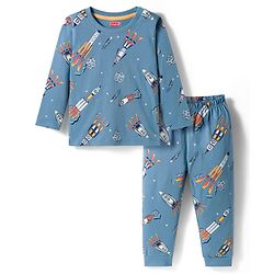 Babyhug Cotton Knit Full Sleeves Co-ord Night Suit With Rocket Print - Blue