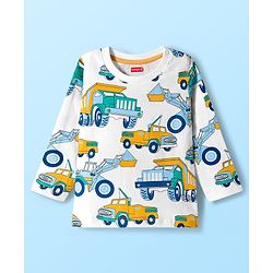 Babyhug Cotton Knit Full Sleeves Co-ord Night Suit With Truck Print - White
