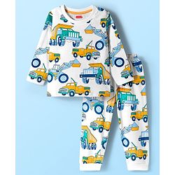 Babyhug Cotton Knit Full Sleeves Co-ord Night Suit With Truck Print - White